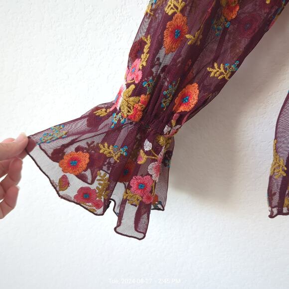 Anthropologie by Feather Bone Floral Embroidered Mesh Blouse Maroon Multi Small - Picture 4 of 9